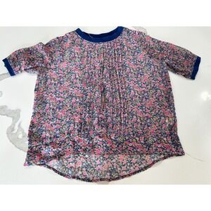 One‎ Fine Day 100% Silk Floral Pintuck Pleated Blouse Navy Pink XS